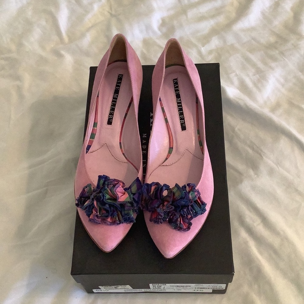 Designer pink suede kitten heel pump